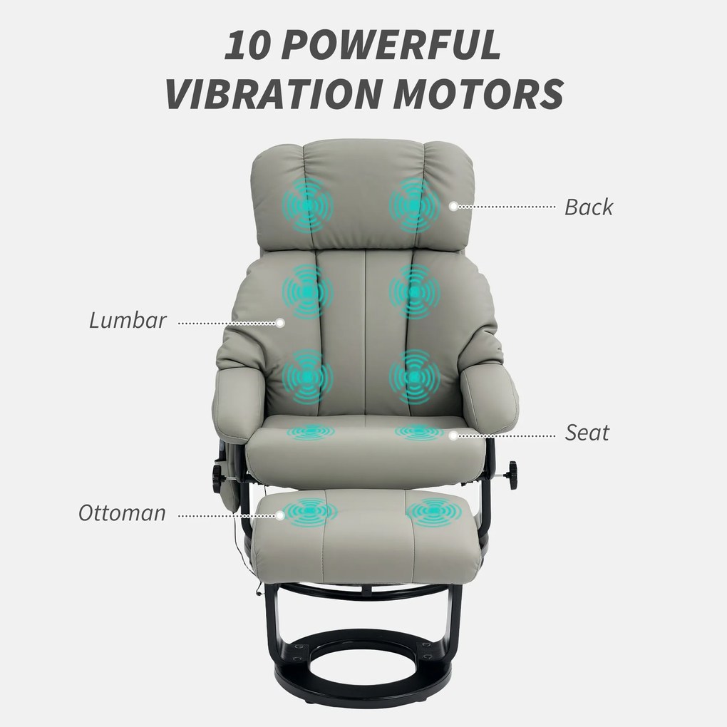 HOMCOM Fotel Relaksacyjny z Funkcją Masażu, Telewizyjny Fotel z Boczną Kieszenią, Skóra Ekologiczna, Szary