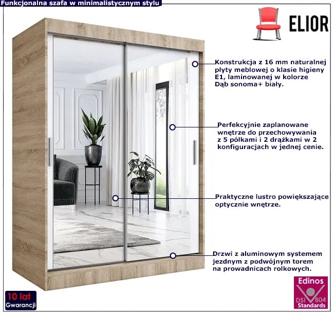Szafa przesuwna z lustrem 150 cm dąb sonoma + biały R3-N80