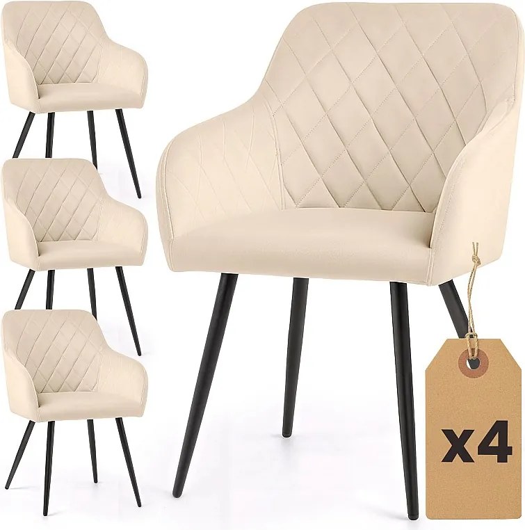 4x Welurowe krzesło tapicerowane pikowane w romby Beżowe VELTO Czarne nogi