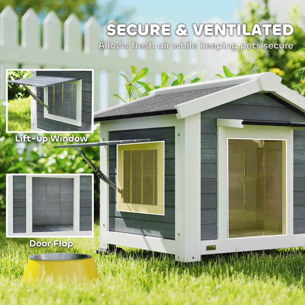 PawHut Buda dla psa drewniana, wodoodporna, z wyjmowaną podłogą, otwieranym oknem i dachem z asfaltu, 98 x 76 x 69,5 cm, szara | Aosom PL