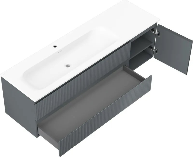 Mexen Rivel szafka łazienkowa 160 cm z umywalką Vela lewą, 2S, 1D, ryflowana, grafit/biała mat - 91A23-16047-3-BBFFF66-W23L01