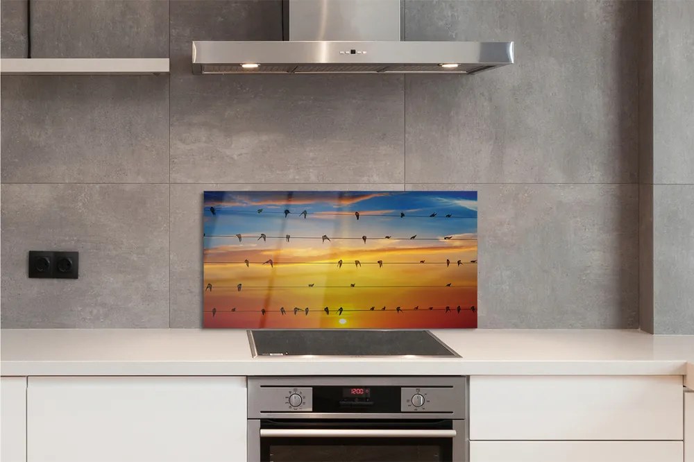 Panel Szklany Ptaki na Drutach o Zmierzchu