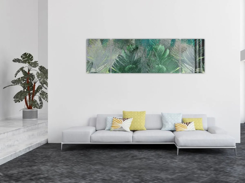 Obraz - Tekstura betonu z liśćmi (170x50 cm)