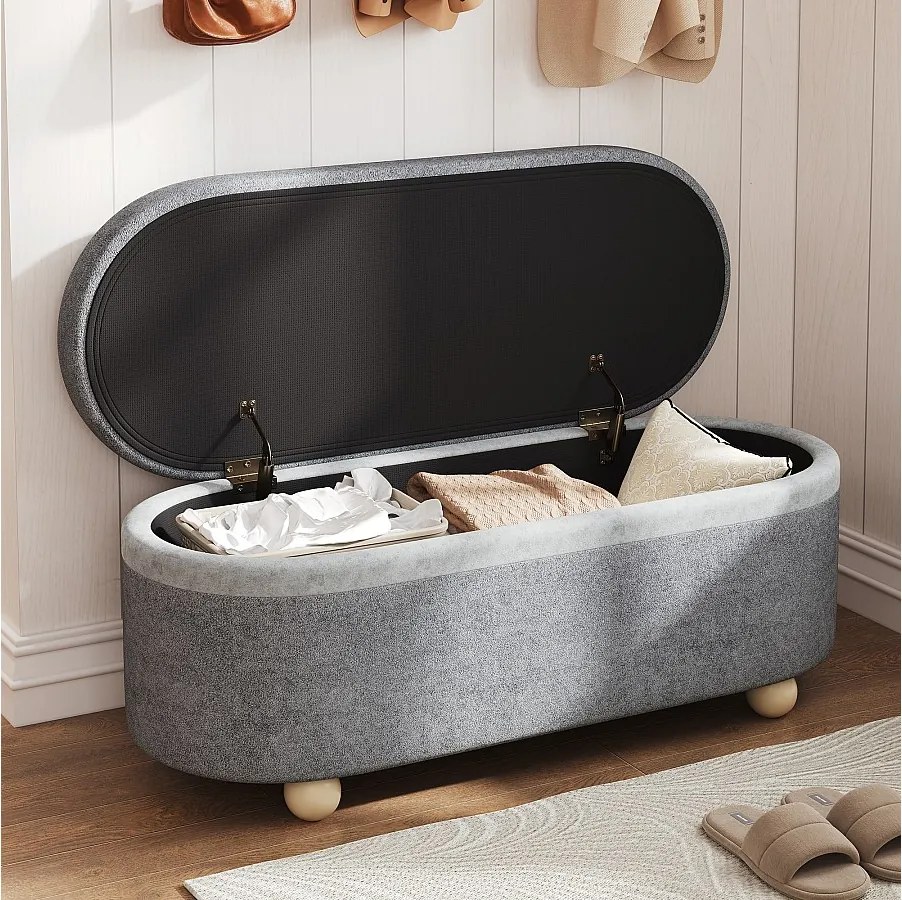 Ława ze schowkiem i miękkim polarowym pokryciem - 110 x 41 x 47 cm - do salonu/sypialni - Polar - szary