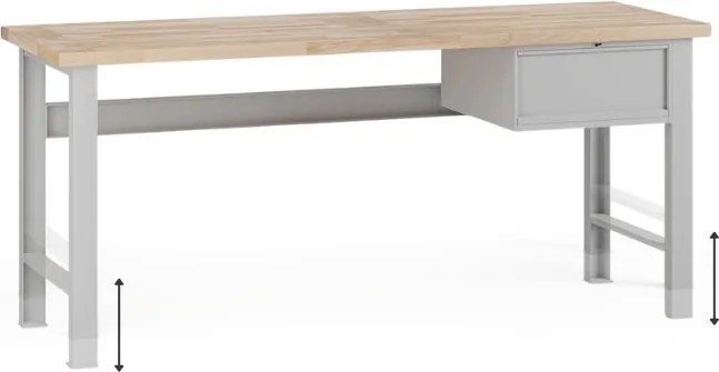 Stół warsztatowy z regulacją wysokości G7, blat bukowy, 2000 x 800 x 840-1040 mm, 1x kontener, 1x szuflada, szary