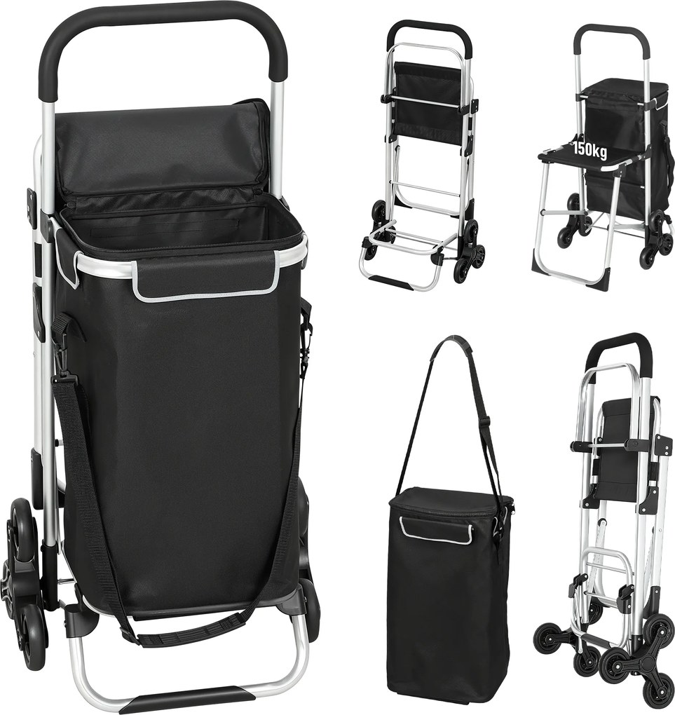 HOMCOM wózek zakupowy, 40 L torba Oxford, konstrukcja 3-kółkowa, aluminiowa rama, siedzisko, szary