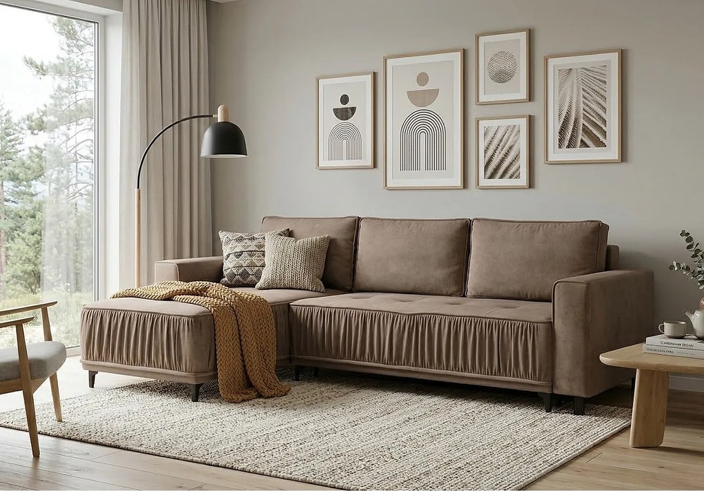 Elegancki narożnik lewostronny rozkładany VIKI 238x143cm, w tkaninie MONOLITH  15 brązowej