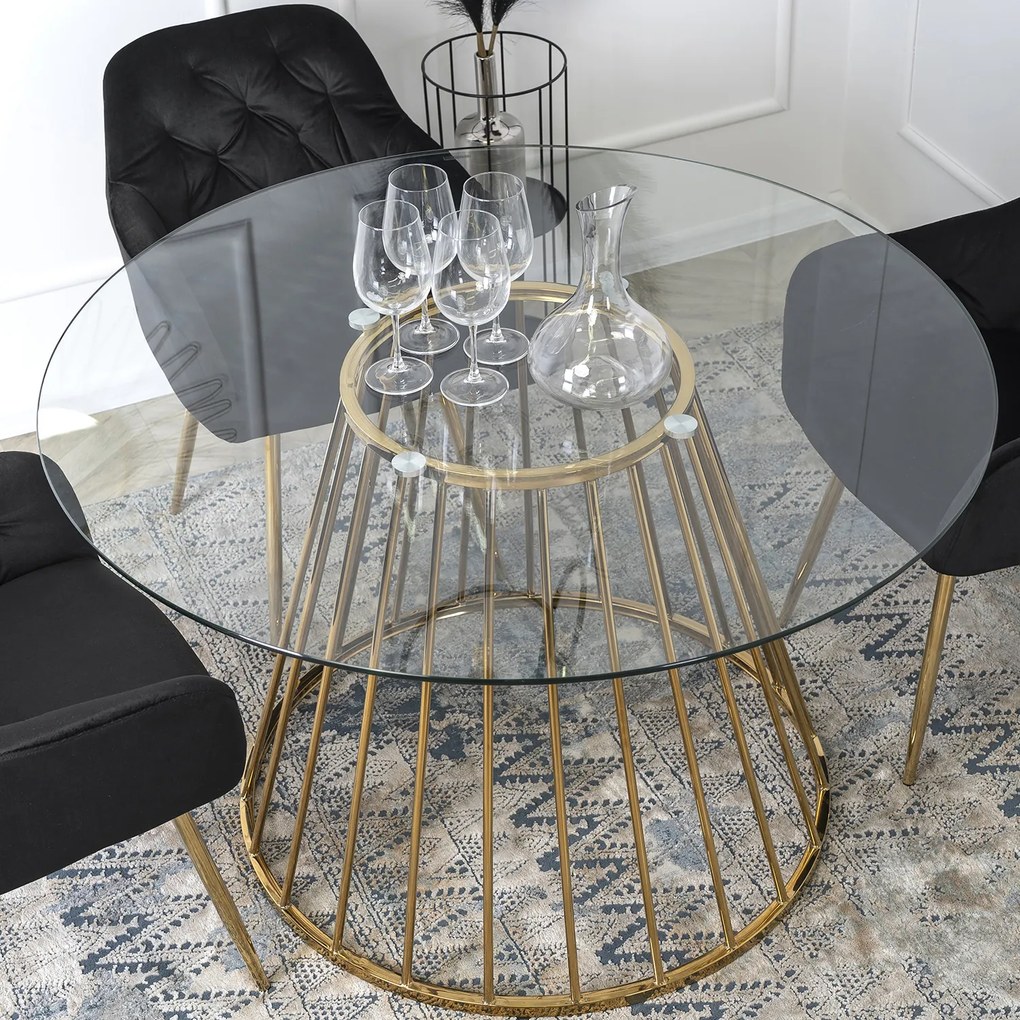 Stół Okrągły Szklany OLIVIER 120 cm ze Złotymi Nogami Nowoczesny do Salonu Glamour