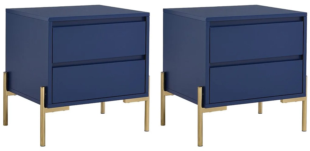 Zestaw 2 szafek nocnych z 2 szufladami - metal i płyta MDF niebieski lakierowany i złoty - KORASA marki Pascal MORABITO