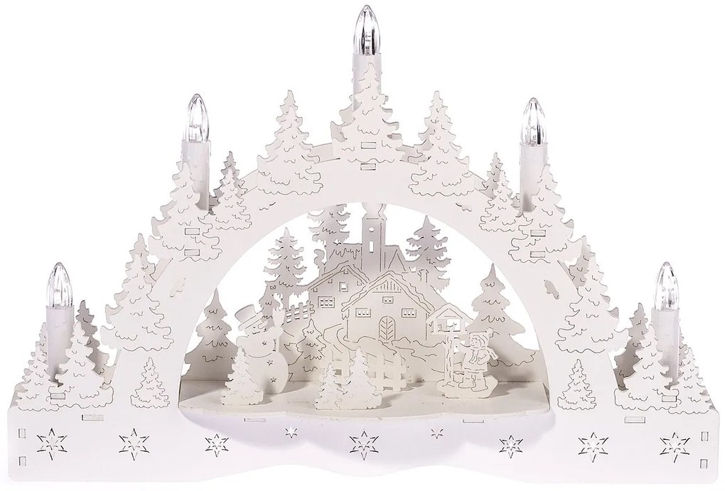 Świecznik świąteczny LED Zimowa kraina, kościół i karmnik, 35 x 23 x 7,5 cm
