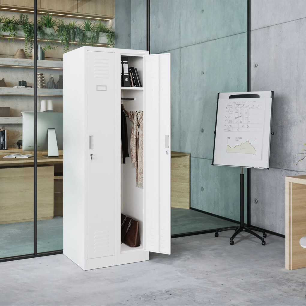Szafka pracownicza metalowa dwukomorowa biała: KACPER II, 600 x 1800 x 500 mm