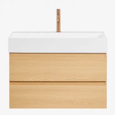 Zestaw Wiszących Mebli Łazienkowych Z Drewna I Forniru Jesionowego Zintegrowany Z Umywalką Ona - Sklum
