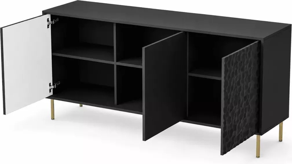 Elegancka komoda PULSET KM-1 w kolorze głębokiej czerni z luksusowymi złotymi nóżkami – nowoczesny mebel do salonu