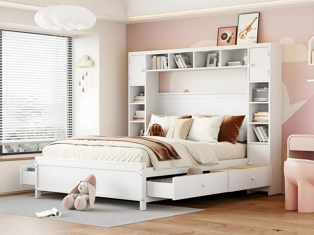 Łóżko podwójne 140x200cm - z 4 szufladami i dużą głową do przechowywania - z litego drewna - Białe