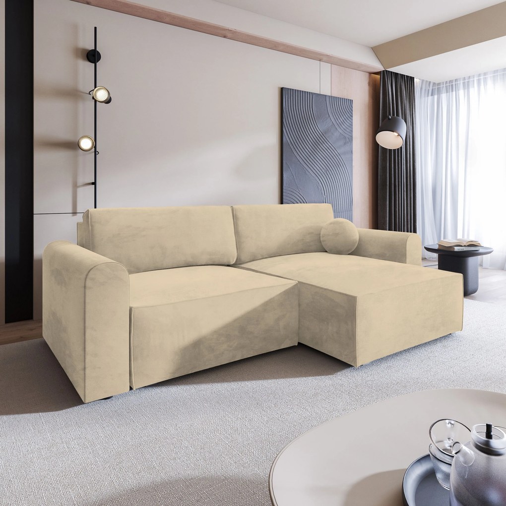 Masseno Narożnik FIANO z funkcją spania i pojemnikiem na pościel Narozniki L, Rozkładana sofa - Kremowy, MONOLITH 04