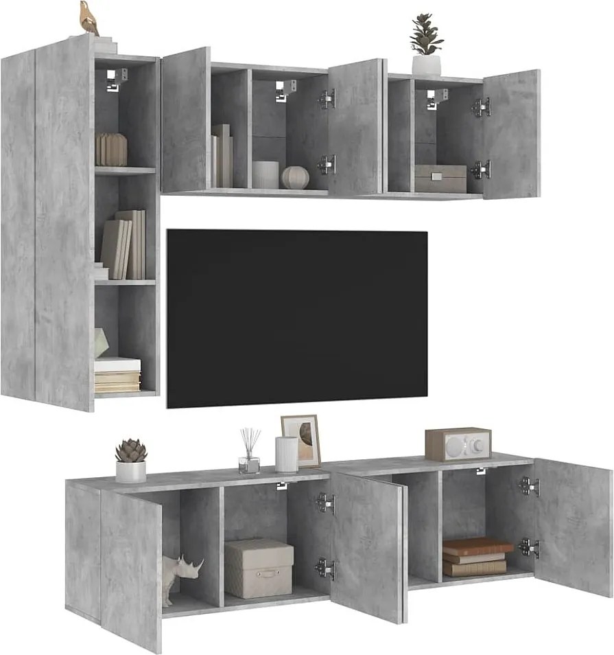 Zestaw mebli ściennych TV z 5 elementów z inżynierskiego drewna w szarym betonie