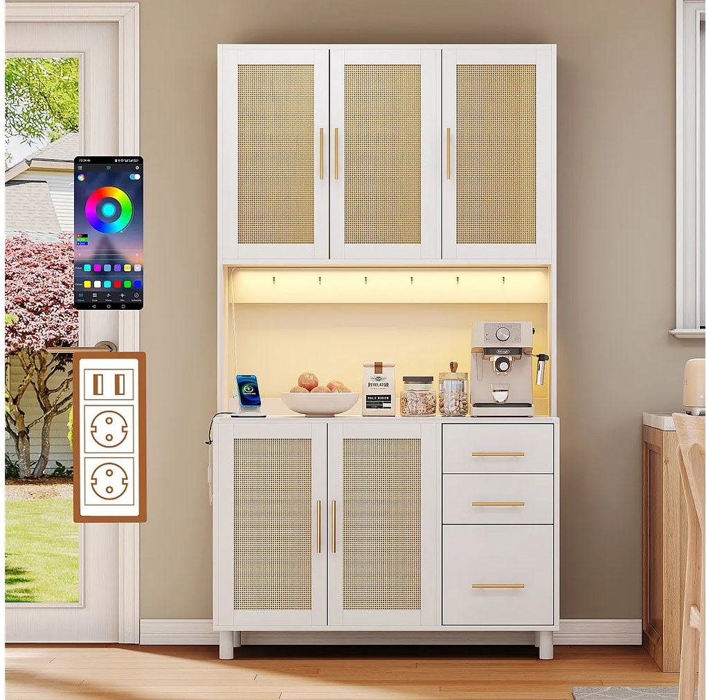 Komoda kuchenna z diodami LED - 100 x 40 x 183 cm - z USB + gniazdkami + regulowane półki + 3 szuflady - MDF - biała