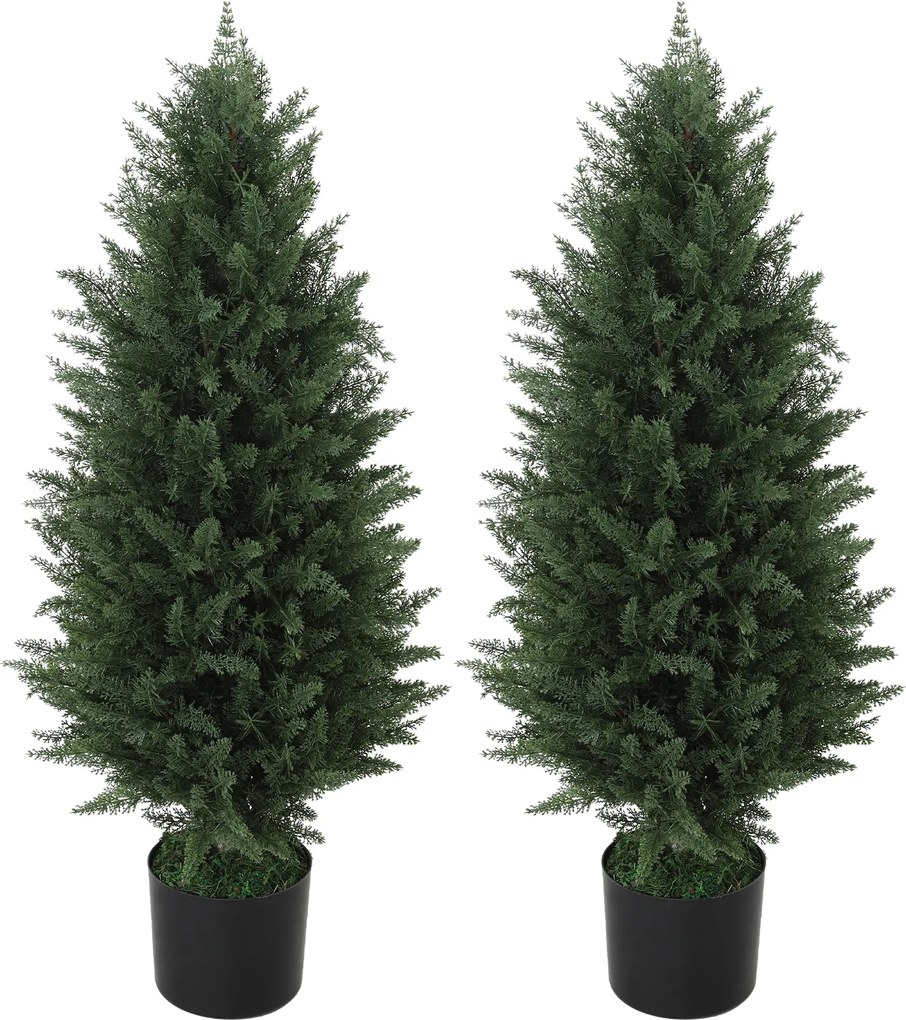 HOMCOM Zestaw 2 Sztucznych Cyprysów, Drzewka Sztuczne z 831 Liśćmi, z Cementową Doniczką, Odporny na UV, Sztuczna Roślina, 90 cm, Zielony