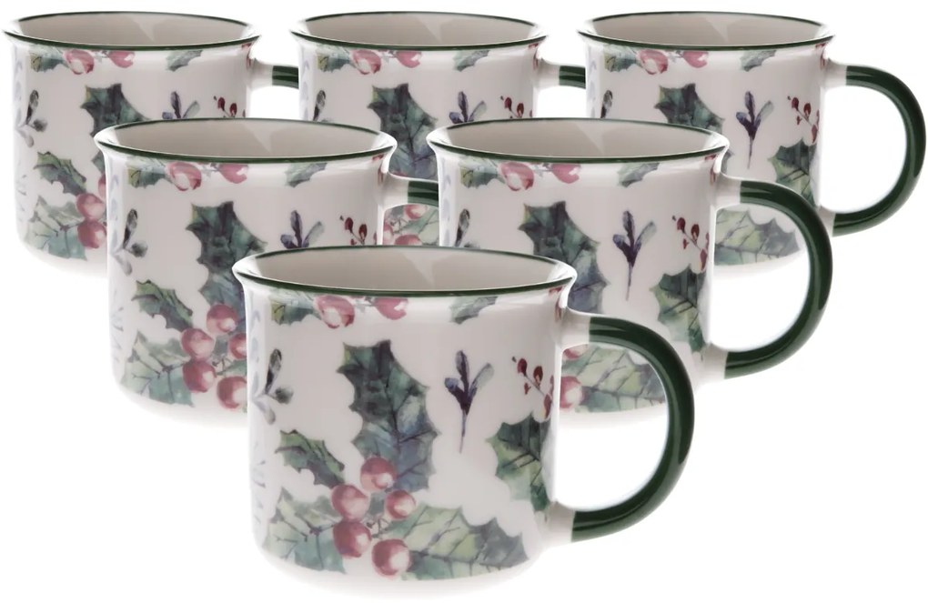 Zestaw 6 porcelanowych kubków Bożonarodzeniowa ostrokrzew 300 ml, 300 ml