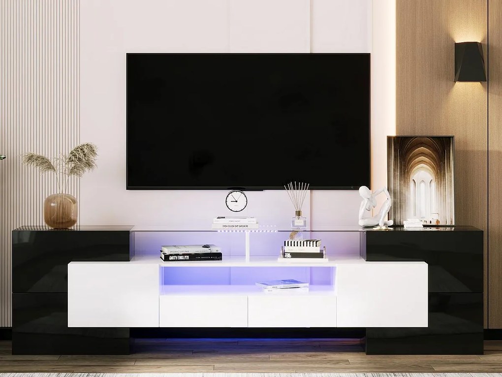 Meble TV 2m z drewna z 2 szufladami i 2 otwartymi półkami - Czarny i Biały