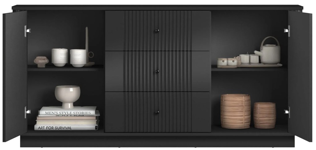 Komoda z szufladami Vesper 160 cm na cokole - czarny / czarne uchwyty