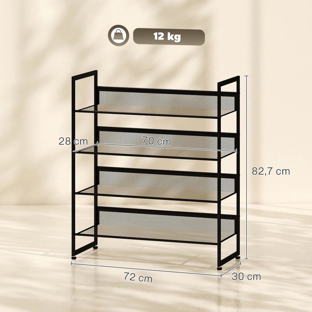 HOMCOM Regał na buty Półka Stojak na buty, 4 półki, 72 cm x 30 cm x 82,7 cm, Czarny | Aosom PL