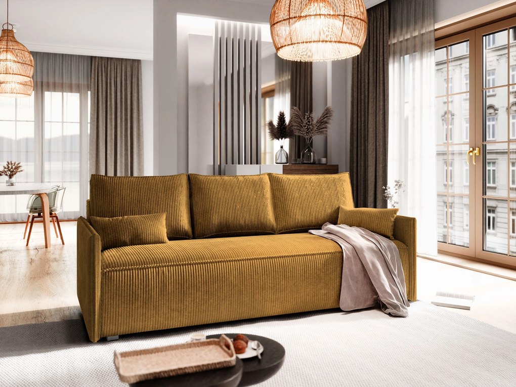 Masseno Sofa MESTOR z funkcją spania i pojemnikiem na pościel, Rozkładana sofa - Żółty, POSO 01