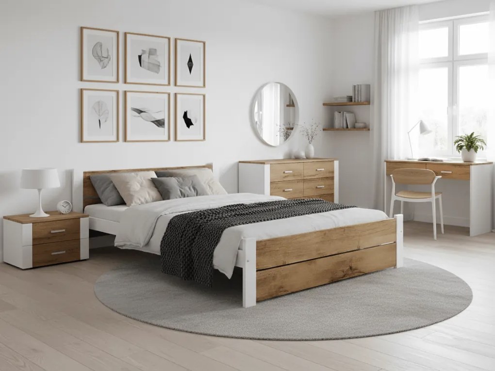 Łóżko IKAROS DOUBLE 160 x 200 cm, dąb artisan/biały Stelaż: Ze stelażem listwowym rolowanym elastycznym, Materac: Materac Deluxe 10 cm