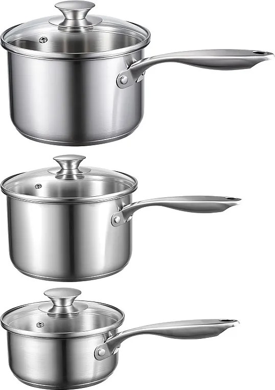 Zestaw Garnków SucceBuy ze Stali Nierdzewnej 0,95/1,9/2,8 L, Nieprzywierający, z Pokrywą ze Szkła I Ergonomiczną Rączką, Zmywalny w Zmywarce