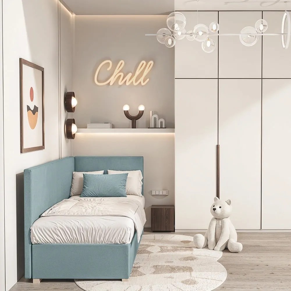 Niebieskie narożne łóżko dziecięce ze schowkiem i materacem 90x200 cm Flexi – Ghado