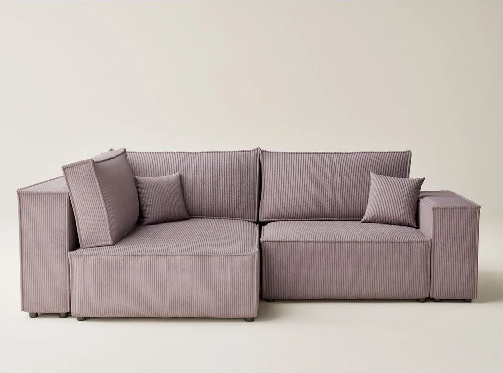 Fioletowy sztruksowy rozkładany narożnik ze schowkiem (lewostronny/w kształcie litery L) Tonga – Maison de Rêve