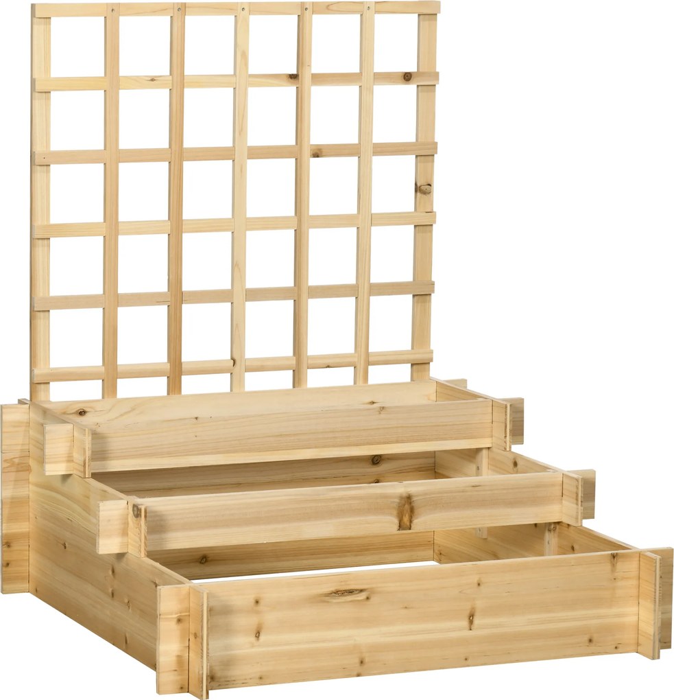 Outsunny Wysoka grządka z pergolą, 3 poziomy, Rama z drewna naturalnego, Wyściółka flizelinowa, 95 x 95 x 110 cm