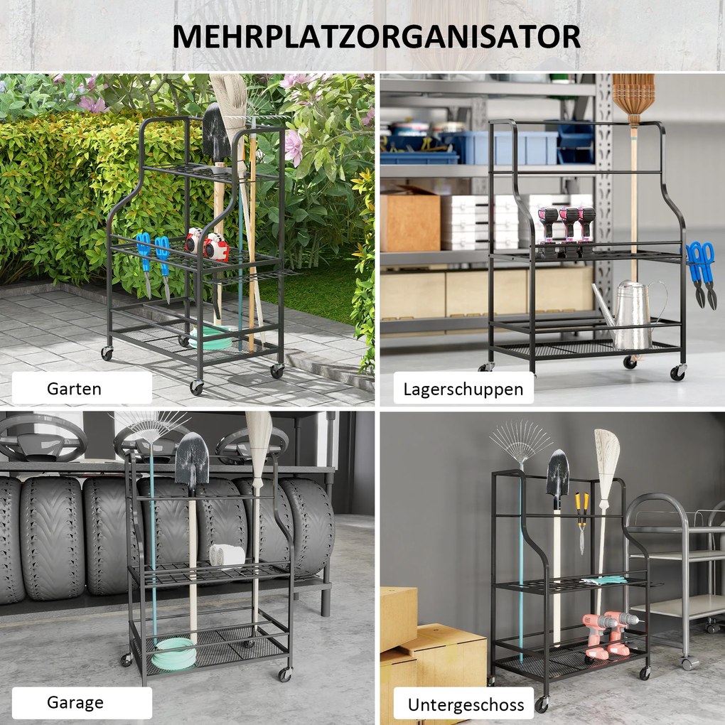 Outsunny Organizer Narzędzi Ogrodowych 3-poziomowy Stojak na Narzędzia Ogrodowe z Hakami do 40 kg 77x40x97cm Czarny