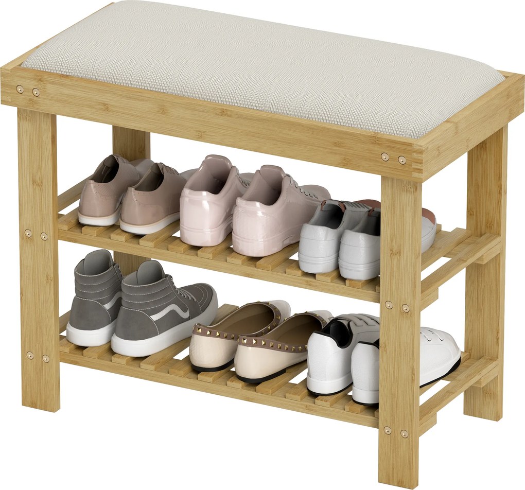 HOMCOM Ławka na Buty z Miejscem Siedzenia, Bambus z Przestrzenią do Przechowywania, 2 Otwarte Przegrody, 60 x 29 x 49 cm Kremowobiały