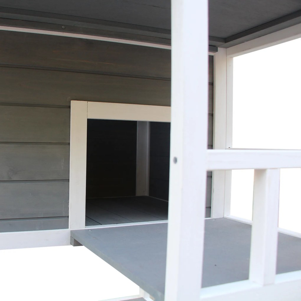 PawHut Domek dla Kota 4-poziomowy z Toaletą, Balkon, Dach Asfaltowy, Drewno, Szary, 78 x 76 x 140 cm