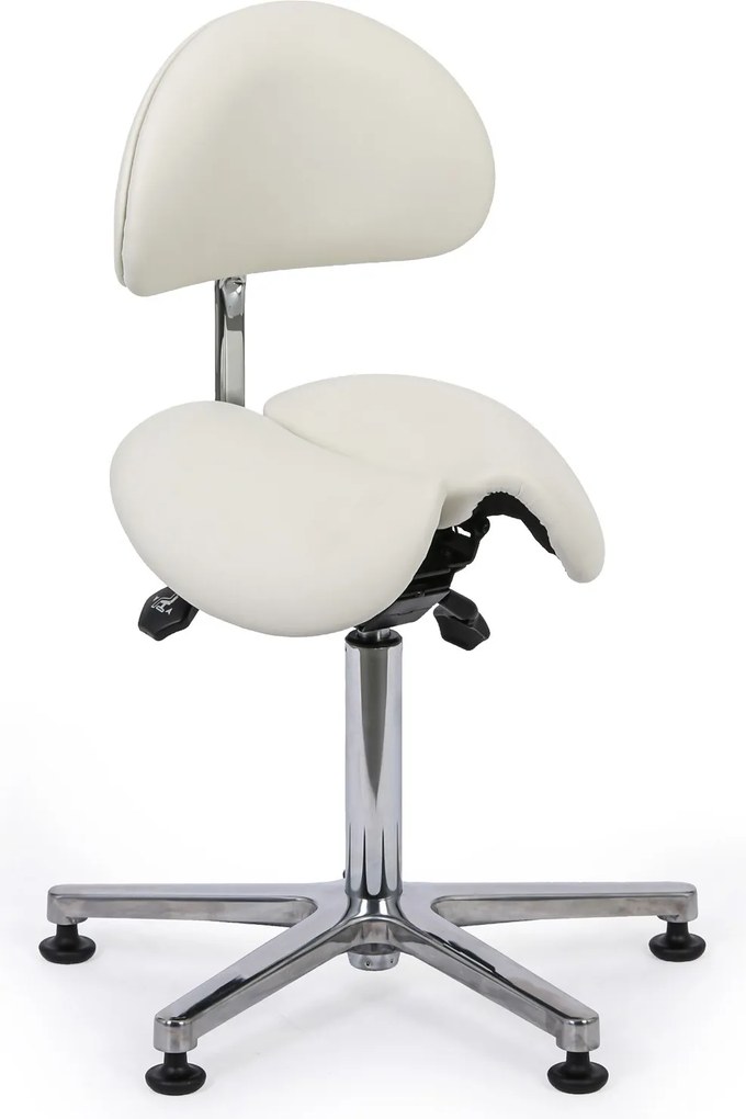 Taboret roboczy z oparciem ARDO, siedzisko w kształcie siodła, na ślizgaczach, biała