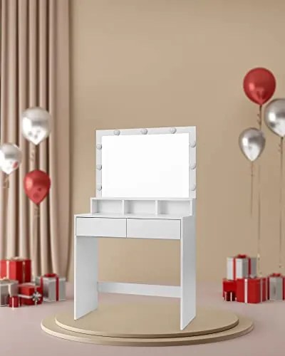 SongmicsHome Toaletka VANESA z dużym lustrem i oświetleniem, 80x40x140 cm, biała