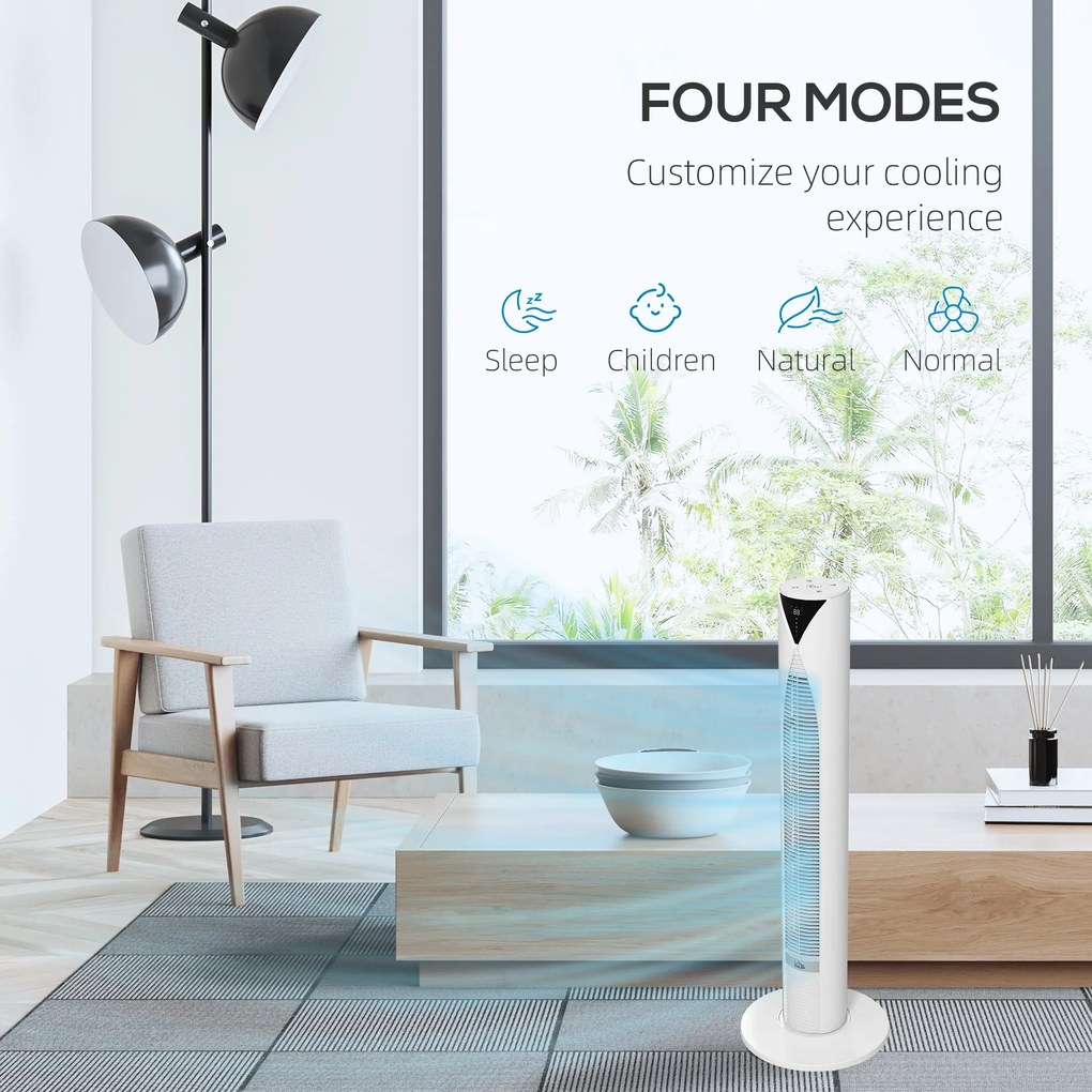 HOMCOM 70° oscylacyjny wentylator kolumnowy z pilotem 4 tryby, 3 prędkości, timer 31,5 x 31,5 x 96 cm biały | Aosom PL