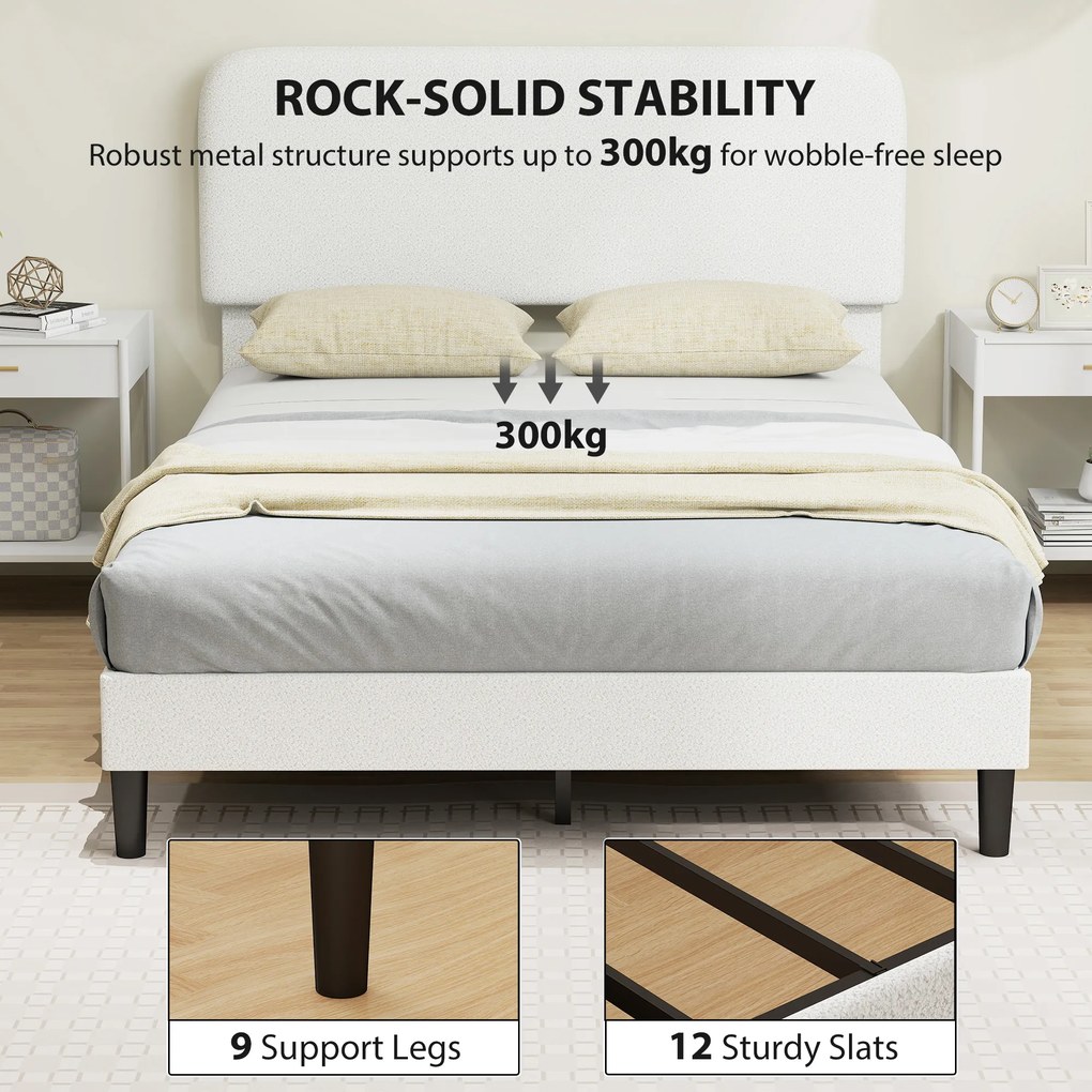 HOMCOM Rama łóżka jednoosobowego z zagłówkiem obitym Teddy-Fleece, metalowa rama łóżka, łatwy montaż, biały | Aosom PL