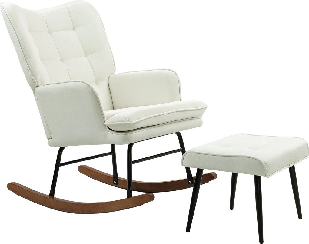 HOMCOM Fotel bujany z podnóżkiem, delikatny system bujania, imitacja lnu, 64 x 89 x 90 cm, kolor kremowy