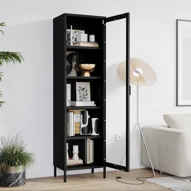 Witryna szklana do salonu wąska metalowa czarna LUIGI Modern 500 x 1800 x 350 mm