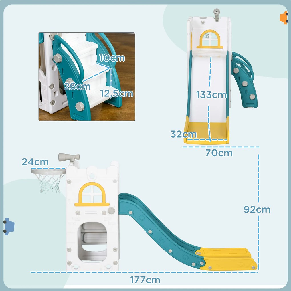 AIYAPLAY Zjeżdżalnia dla dzieci, 4 w 1, z koszem do koszykówki, teleskopem i elementami wspinaczkowymi, Żółty 70 x 177 x 92 cm