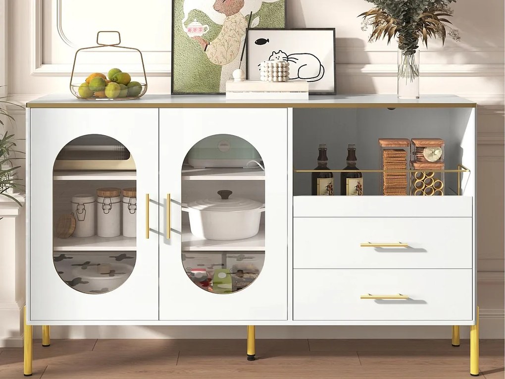 Nowoczesny buffet 140×38×90 cm - z 2 szufladami - z 2 szklanymi drzwiami - biały