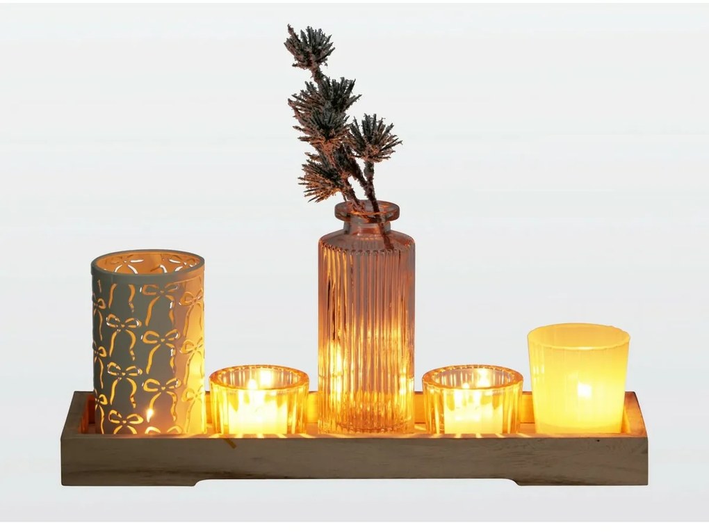 Zestaw świeczników na drewnianej tacy Winter Time, 6 szt., 10,5 x 32,5 cm
