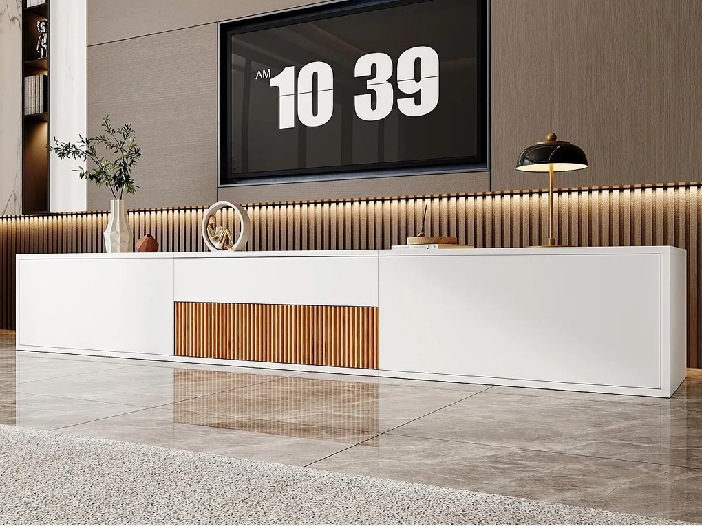Nowoczesne meble TV 180x34x30 cm - Montaż ścienny/na nogach - 3 drzwi - Wysuwane półki - Płyta wiórowa - Biały i naturalny