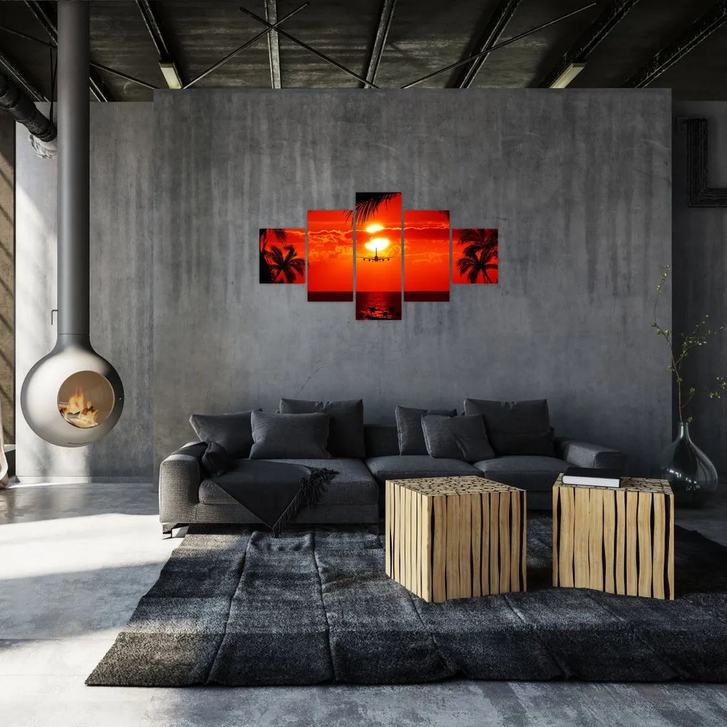 Obraz - zachód słońca z samolotem (125x70 cm)