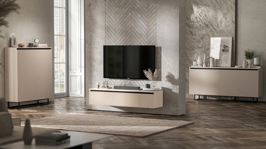 Ryflowana szafka RTV Selene 140 cm, stojąco/wisząca, kolor kaszmirowy
