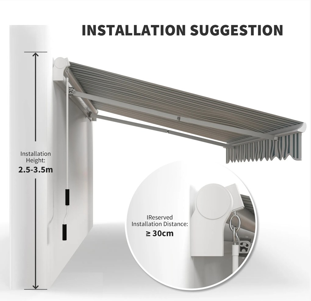 Outsunny Markiza balkonowa przegubowa, manualna, z korbką, biało-zielona, 395x245cm | Aosom PL