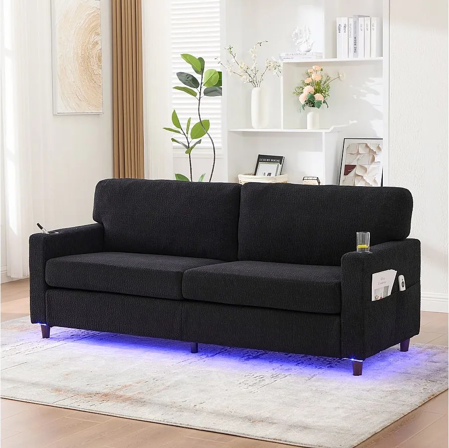 Nowoczesna sofa 2-osobowa - 203 x 77,5 x 85 cm - z USB-C + diodami LED + uchwytami na kubki i kieszeniami bocznymi - welur - czarna