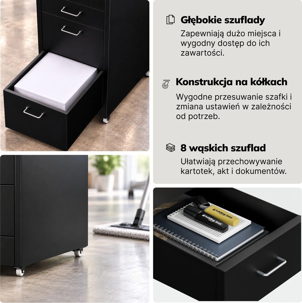 Szafka kartotekowa na kółkach, metalowa, 8 szuflad, na dokumenty, czarna, 300x1100x600 mm: SARA V8
